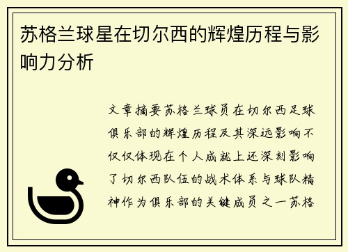 苏格兰球星在切尔西的辉煌历程与影响力分析