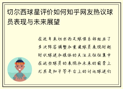 切尔西球星评价如何知乎网友热议球员表现与未来展望